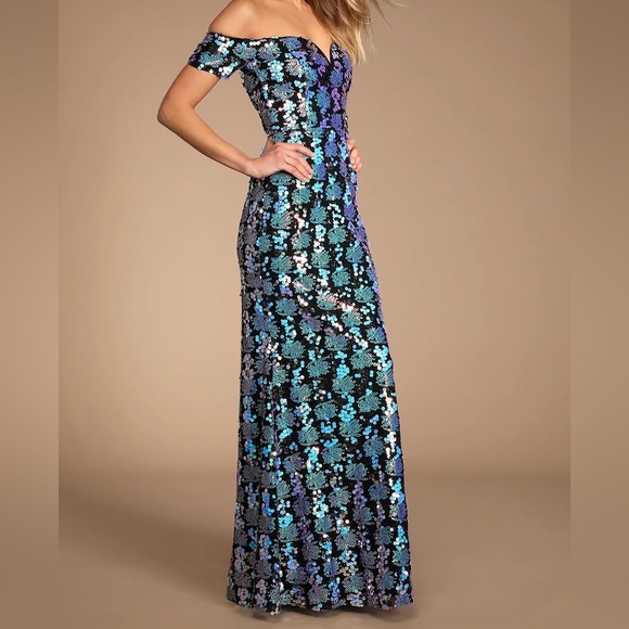 Mermaid LuLu’s Dress 🧜‍♀️ Shades of Blue Sequins ~ Off-the-Shoulder Maxi ✨ S - Picture 4 of 7